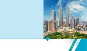 Petronas Twin Towers in Kuala Lumpur, Malaysia on light blue and white backdrop