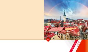 Red roofs of Tallinn under a rainbow on pastel beige and white backdrop