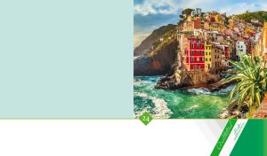 Cinque Terre on the Italian Riviera coastline on pastel teal and white backdrop