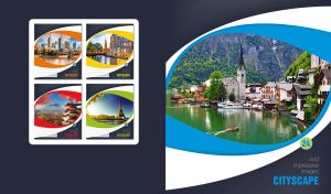 Hallstatt cityscape on shore of Hallstatter See lake in an ellipse frame