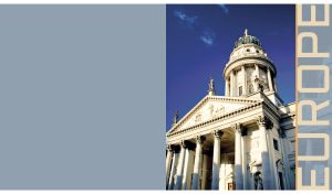 Low angle view of the Berliner dom under the deep blue sky on a pastel gray backdrop