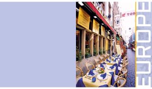 View of the Brussels downtown with street cafes on a pastel blue backdrop