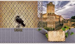 Castillo de La Mota behind a damaged grey brick wall and wire fence on beige