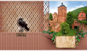 Heidelberg Castle behind a damaged red brick wall and wire fence on beige