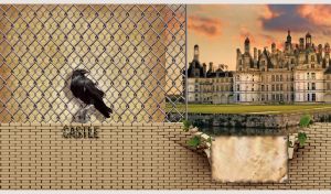 Chateau de Chambord behind a damaged beige brick wall and wire fence on beige