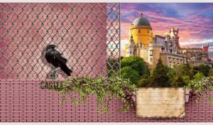 Pena Palace behind a damaged pastel purple brick wall and wire fence