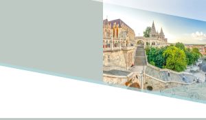 Elevated city view on Fisherman's Bastion on a grey backdrop with white panel