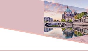 City view on Berlin Cathedral by the water on a pink backdrop with white panel
