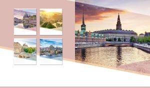 City view on Copenhagen City Hall at dusk on a pink backdrop with white panel