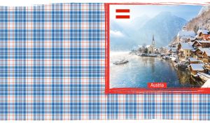 Winter in Hallstatt on a blue-white plaid backdrop with grunge edges