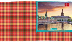 Christiansborg Palace at dusk on a red-yellow plaid backdrop with grunge edges