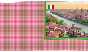 The aerial panorama of Verona on a pink plaid backdrop with grunge edges