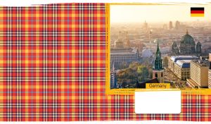 The panorama of Berlin on a yellow-red plaid backdrop with grunge edges