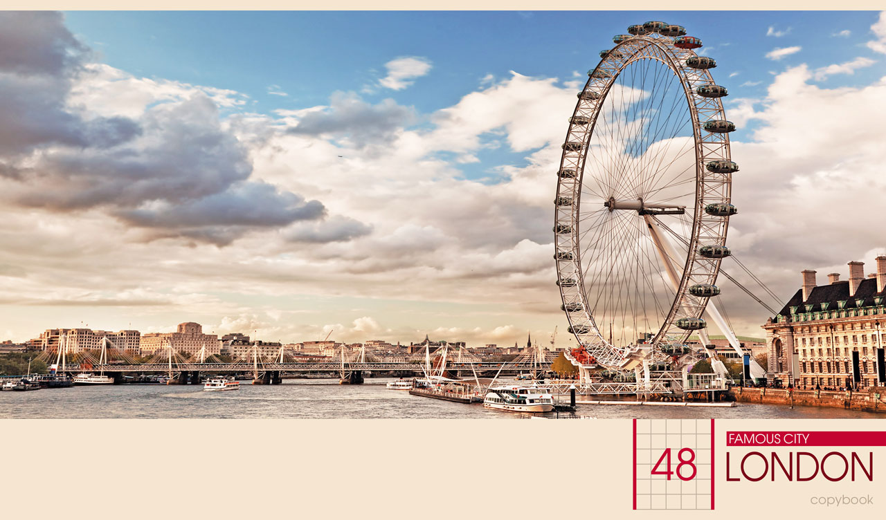 Panoramic aerial view of the cityscape of London featuring London-Eye on a summer's day