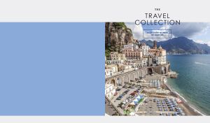 The Atrani coast of Amalfi isolated on a pastel navy and white backdrop