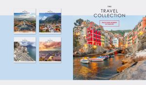 Cinque Terre seaside village at dawn isolated on pastel blue and white backdrop