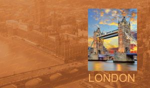 The London Tower Bridge isolated against a vintage sepia-toned London cityscape