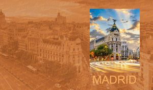 The Metropolis Building isolated against a vintage sepia-toned Madrid cityscape