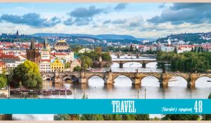 Bridges of Prague over the Vltava river in light blue hues