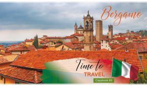 Panoramic view of Bergamo cityscape with its iconic landmarks and the Italian flag
