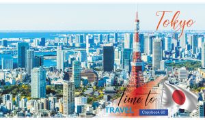 Aerial view of Tokyo cityscape with its iconic buildings and the Japanese flag