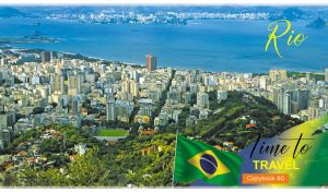 Aerial view of Rio cityscape with its iconic coastline and the Brazilian flag