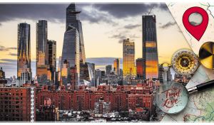 Gorgeous city view with gray skyscrapers of New York against a beige sunset