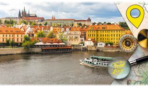 Gorgeous city view with the Castle District in Prague against a pastel blue sky