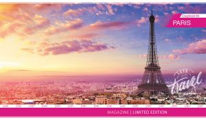 Panoramic view of Paris at twilight on the cover of a travel magazine