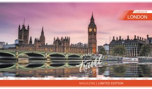 Panoramic view of London at twilight on the cover of a travel magazine