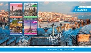Panoramic view of Domes of Istanbul at sunset on the cover of a travel magazine