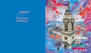 Budapest's St. Stephen's Bell Tower with blue-hued brushstroke framing