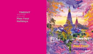 Chiang Mai's Buddhist temples with fuchsia-hued brushstroke framing