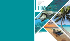 Collage of scenic landscapes on a white and teal cover of a travel magazine