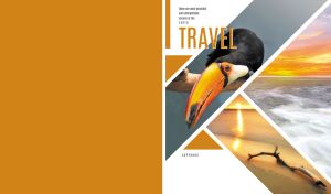 Collage of scenic landscapes on a white and orange cover of a travel magazine
