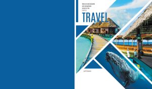 Collage of scenic landscapes on a white and blue cover of a travel magazine