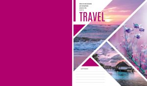 Collage of scenic landscapes on a white and fuchsia cover of a travel magazine