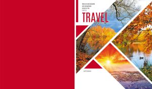 Collage of scenic landscapes on a white and red cover of a travel magazine