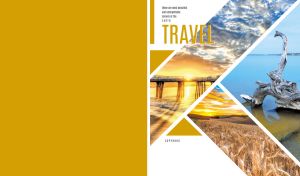 Collage of scenic landscapes on a white and ocher cover of a travel magazine