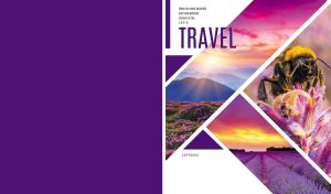 Collage of scenic landscapes on a white and purple cover of a travel magazine