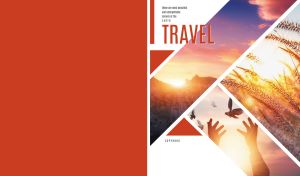Collage of scenic landscapes on a white and ocher-red cover of a travel magazine