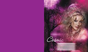Girl with curly blond hair, in a water, with the Moon, stars and trees on purple