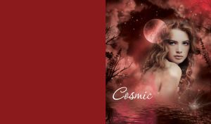 Girl with curly brown hair, in a water, with stars, Moon and trees on maroon