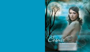 Girl with curly brunette hair, in a water, with the Moon, stars and trees on blue