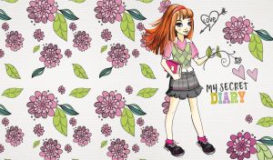 Illustration of a girl in a school uniform and flowers on pastel white backdrop