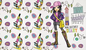 Illustration of a girl in a pink cap and microscopes on pastel white backdrop