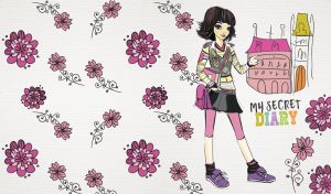 Illustration of a girl with a textbook and flowers on pastel white backdrop