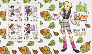 Illustration of a girl in plaid shorts and fall leaves on pastel white backdrop