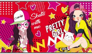 Pretty girls with purple hair vector on fuchsia and red party backdrop