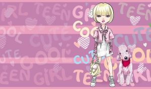 Cartoon blonde teenage girl and a pink poodle on a pastel purple